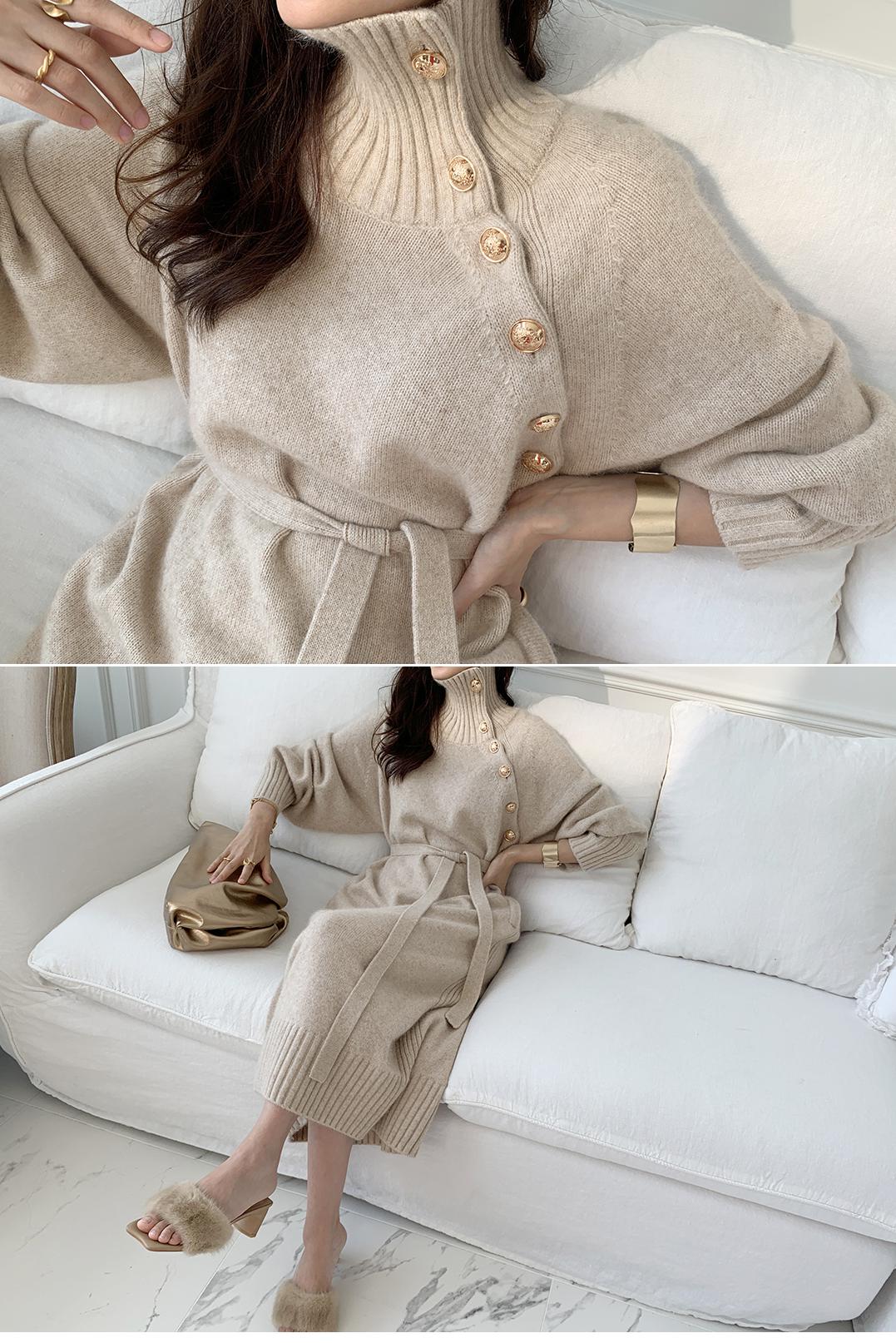 Korean Autumn Winter Retro Button Two-wear Sweater Dress Waist Knitted Dress Women Solid Color Fashion Turtleneck Long Sleeve