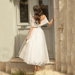 Charming Ankle Length Wedding Dress V Neck Off Shoulder Pleats Tulle A Line Bridal Gowns Vestido De Noiva