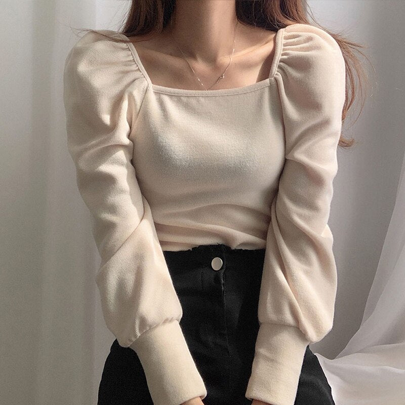 PERHAPS U Women Apricot Black Pullover Square Collar Knitted T-shirt Puff Long Sleeve Top B0715