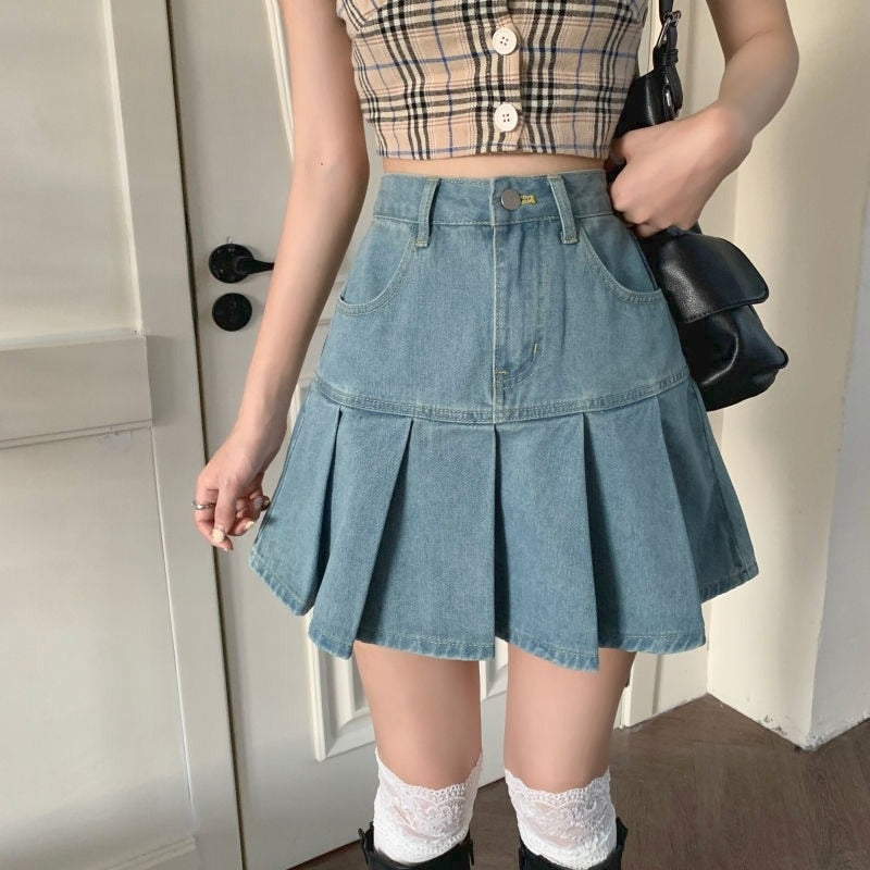 Casual Denim Mini Skirt Women Summer High-Waiste Harajuku Y2k Pleated Skirt Blue Japanese Korean Style Fashion Clothing New