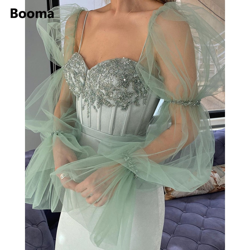 Lizakosht  Fairy Mint Green Prom Dresses Sheer Long Sleeves Sweetheart Boning Sheath Evening Dresses Beaded Tea-Length Formal Gowns