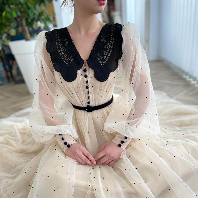 UZN New Arrival Champagne V-Neck Long Puff Sleeves Dot Tulle Prom Dress Elegant A-Line Tea Length Evening Dress Plus Size