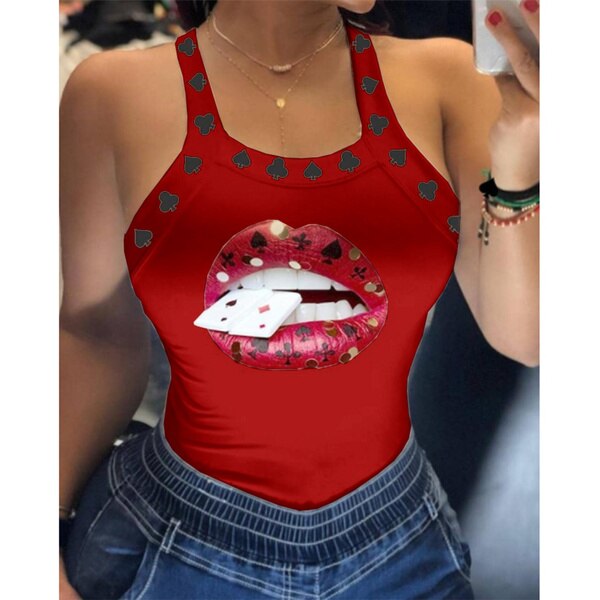 Summer Ladies Harajuku Shirts Slim Fit Polyester Sleeveless Top Tshirts Tank Tops Women U Neck Letter Print Lips Vest