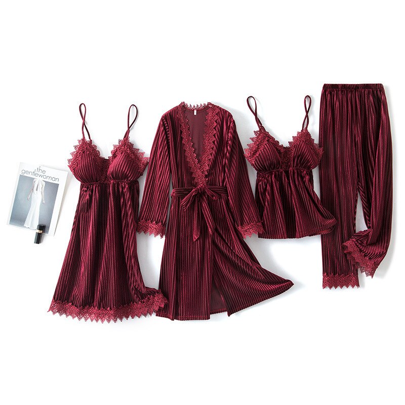 Sexy Women Lace Trim 4PCS Pijamas Suit Sleepwear Velvet Pajamas Set Intimate Lingerie Autumn Winter Loose Home Clothes Nightwear