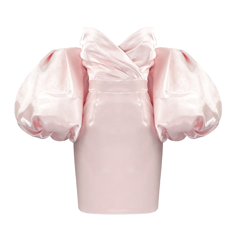 Summer New Women Sexy White Pink Off The Shoulder Puff Sleeve Draped Mini Runway Club Party Dress