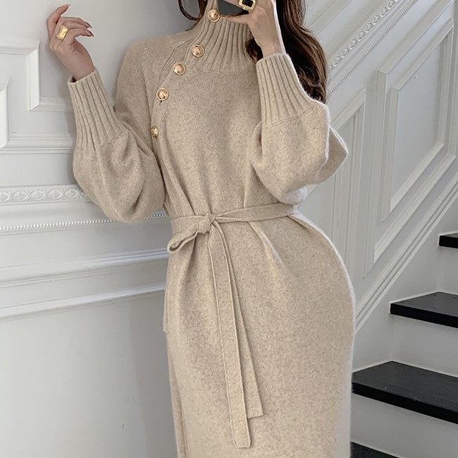 Korean Autumn Winter Retro Button Two-wear Sweater Dress Waist Knitted Dress Women Solid Color Fashion Turtleneck Long Sleeve