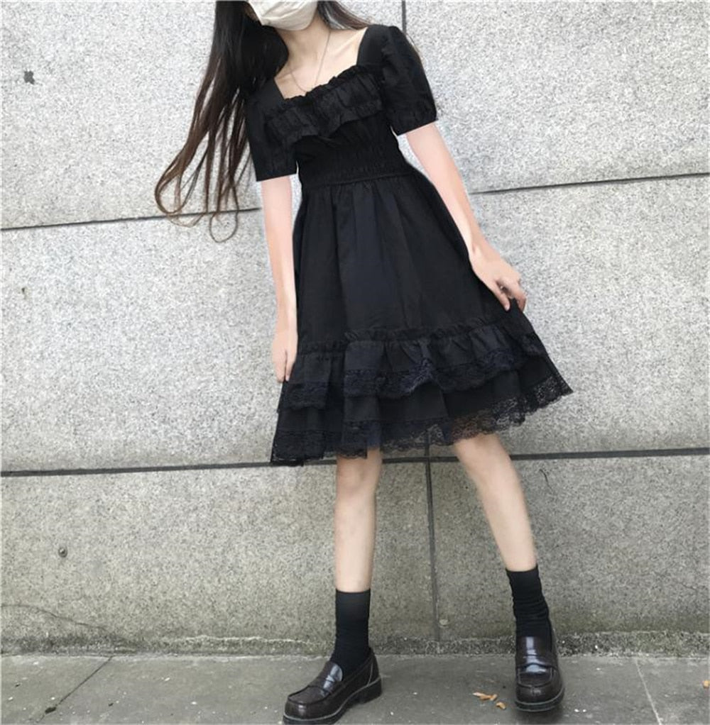 Gothic Lolita Alt Mini Dress Black Kawaii Princess Vestidos E Girl Ropa Fairycore Cute Lace Ruffles Sundress Party Dresses