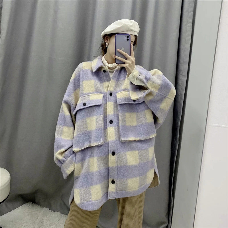 Ladies Vintage Pocket Overshirts Oversized Plaid Jacket Women Coat Long Sleeve Loose Woolen Jacket Female Outerwear Chic Tops