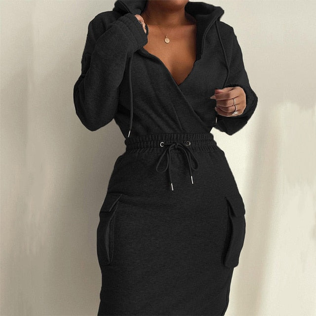 Fashion Long Sleeve Mid Dress Casual V-Neck Hooded Drawstring Solid Bodycon Dress Elegant Elastic Waist Lace Pocket Women Dress