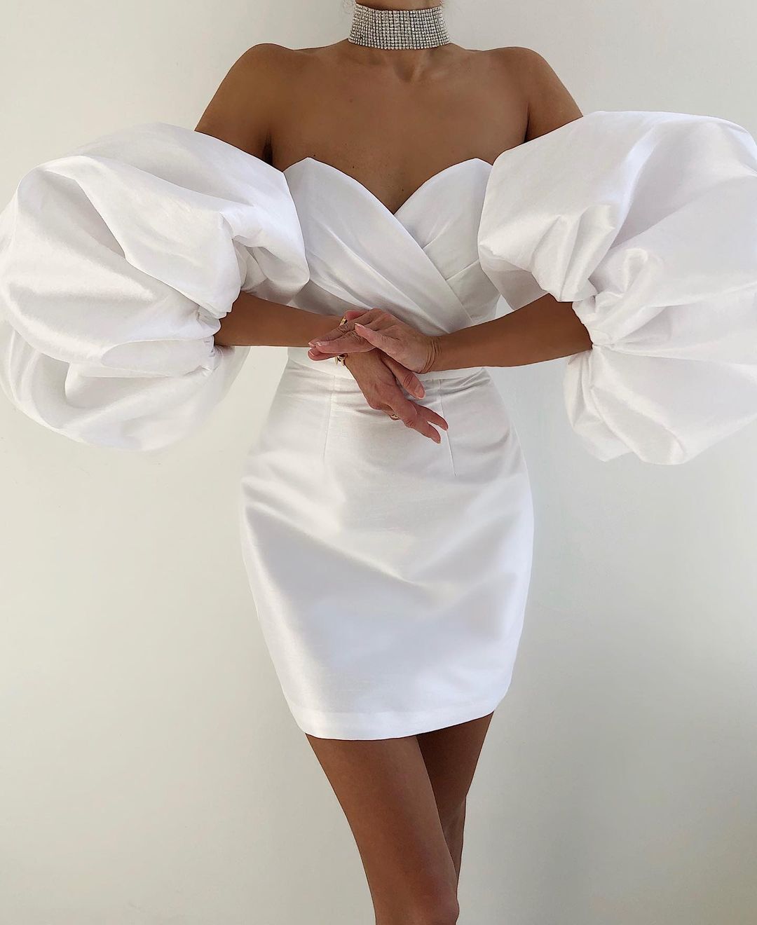 Summer New Women Sexy White Pink Off The Shoulder Puff Sleeve Draped Mini Runway Club Party Dress