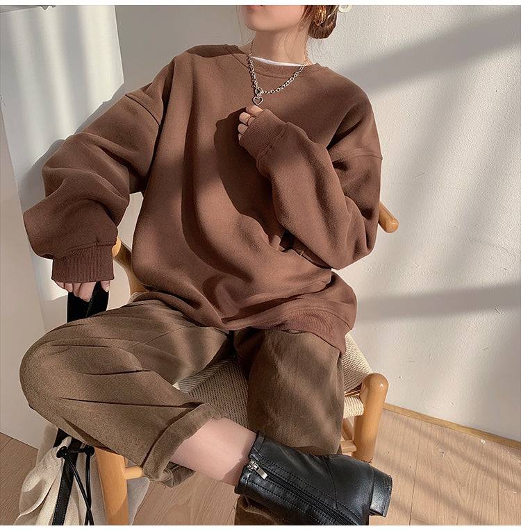 Spring Fleece Thick Sweatshirt Vintage Solid Warm O Neck Pullover Grey Brown Lady New All-match Hooded Autumn Women Coat