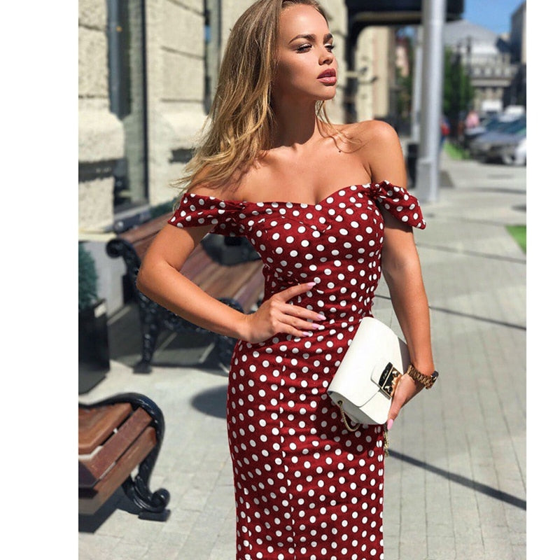 Lizakosht Sexy Vintage Women Off Shoulder Boho Short Sleeve Ruffles Polka Dot Bodycon Dress Formal Evening Party Midi Sheath Dresses