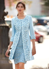 Lizakosht  Carla Ruiz Light Blue Mother Of The Bride Dresses With Jacket Sheath Knee Length Short Wedding Guest Dress Arabic 3D flower