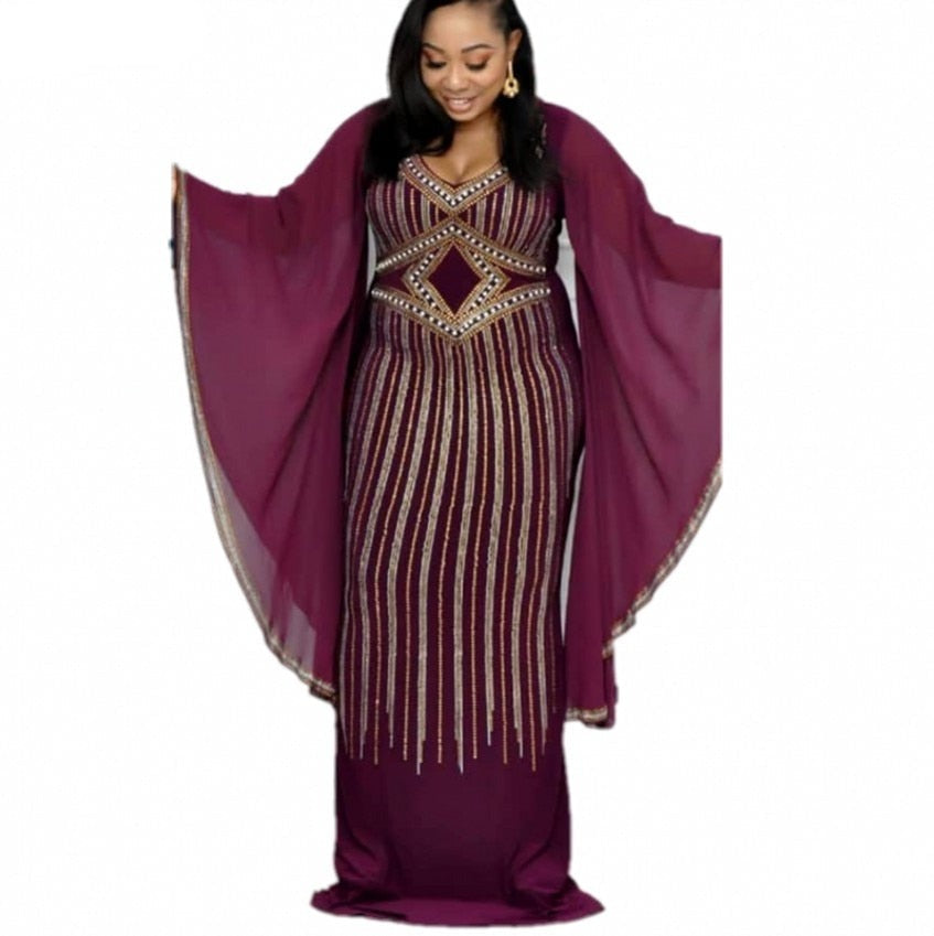 Lizakosht  African Dresses for Women Dashiki Diamond African Clothes Bazin Broder Riche Sexy Slim Ruffle Sleeve Robe Evening Long Dress