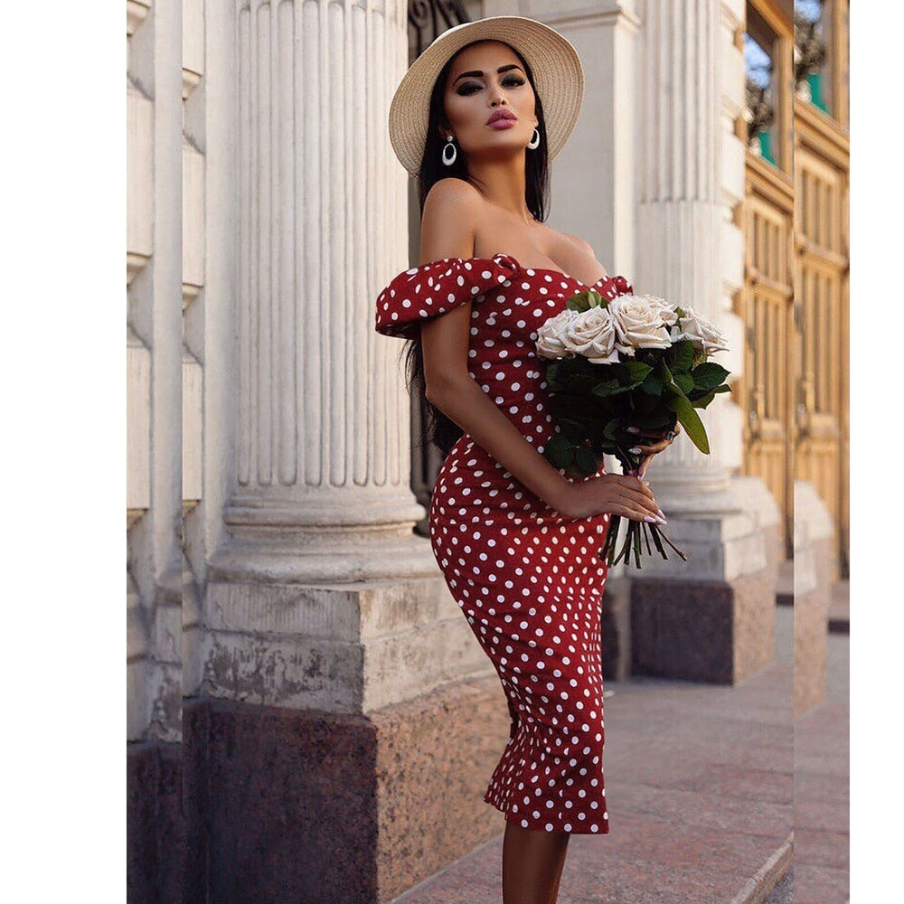 Lizakosht Sexy Vintage Women Off Shoulder Boho Short Sleeve Ruffles Polka Dot Bodycon Dress Formal Evening Party Midi Sheath Dresses