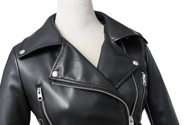 Lizakosht New Women Spring Autumn Black Faux Leather Jackets Zipper Basic Coat Turn-down Collar Motor Biker Jacket With Belt