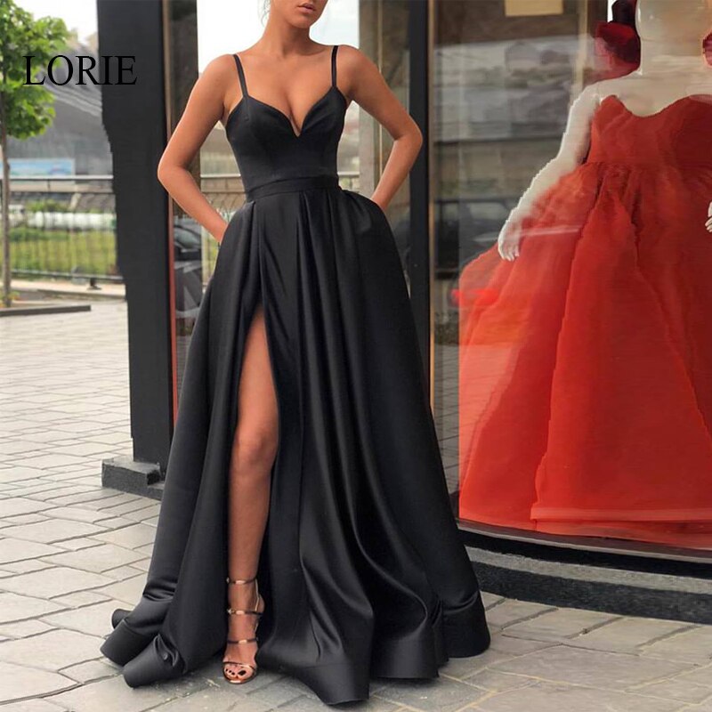 Lizakosht A Line Evening Dress with High Slit Satin Royal Blue Spaghetti Straps Sweetheart Long Evening Gown  robe de soiree