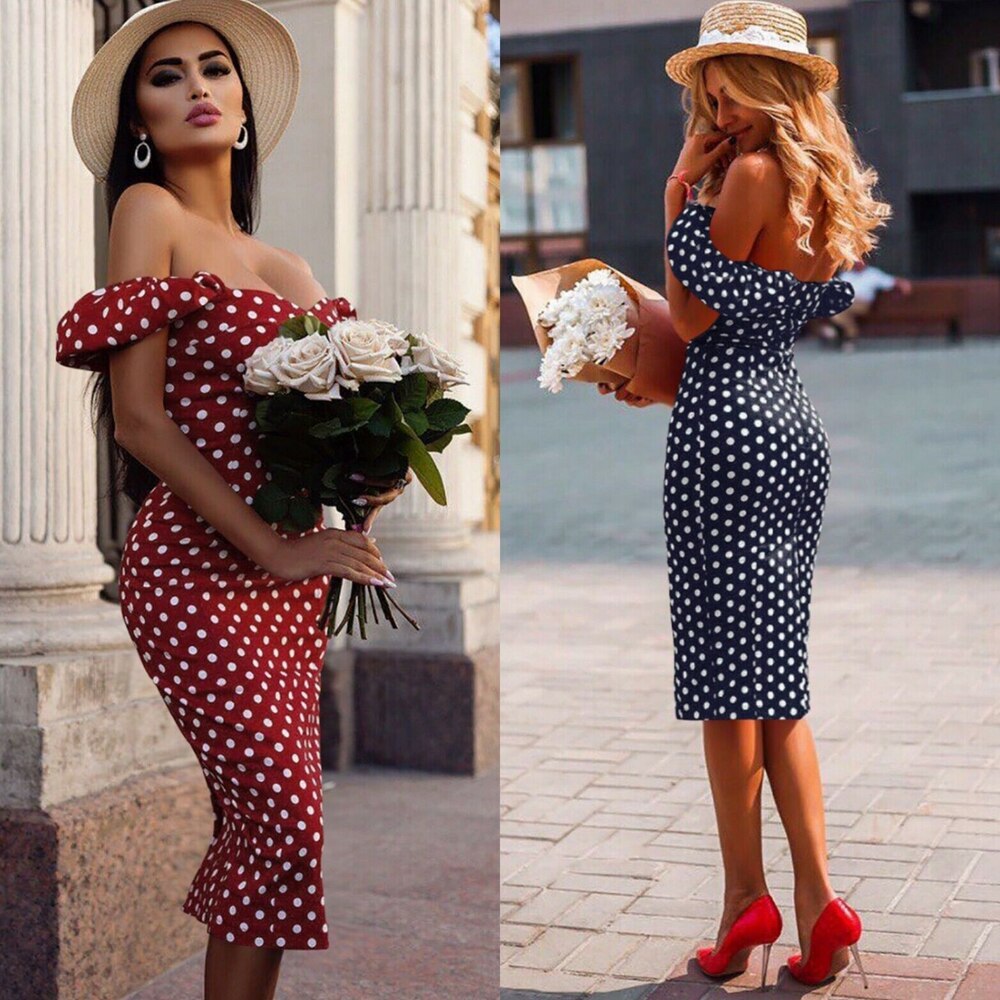 Lizakosht Sexy Vintage Women Off Shoulder Boho Short Sleeve Ruffles Polka Dot Bodycon Dress Formal Evening Party Midi Sheath Dresses