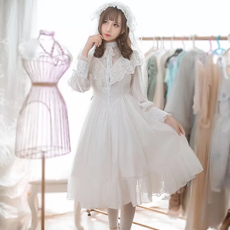 Adult Women Gothic Costume Lace Hollow Bridal Wedding Party Embroidery Dress Lolita Princess Sweet A Line Dress Veil For Ladies