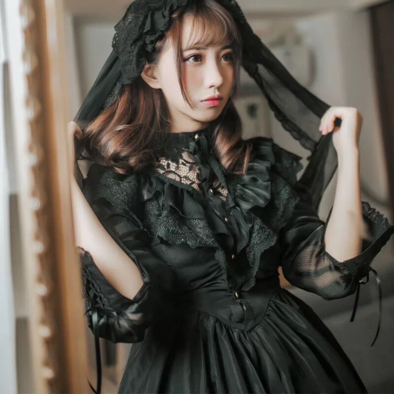 Adult Women Gothic Costume Lace Hollow Bridal Wedding Party Embroidery Dress Lolita Princess Sweet A Line Dress Veil For Ladies