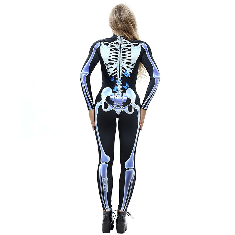 Scary Halloween Skeleton Bone Print Costume Adult Women Horror Carnival Blood Catsuit Jumpsuit X Ray Long Sleeves Bodysuit