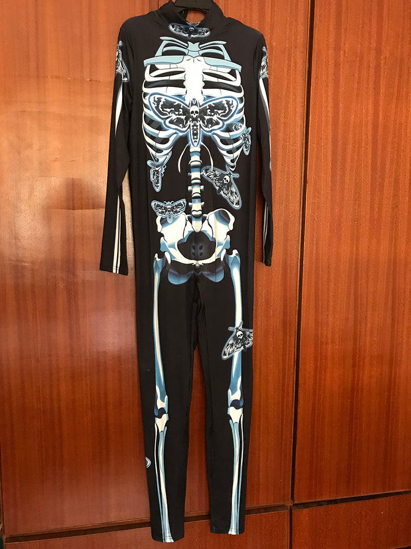 Scary Halloween Skeleton Bone Print Costume Adult Women Horror Carnival Blood Catsuit Jumpsuit X Ray Long Sleeves Bodysuit