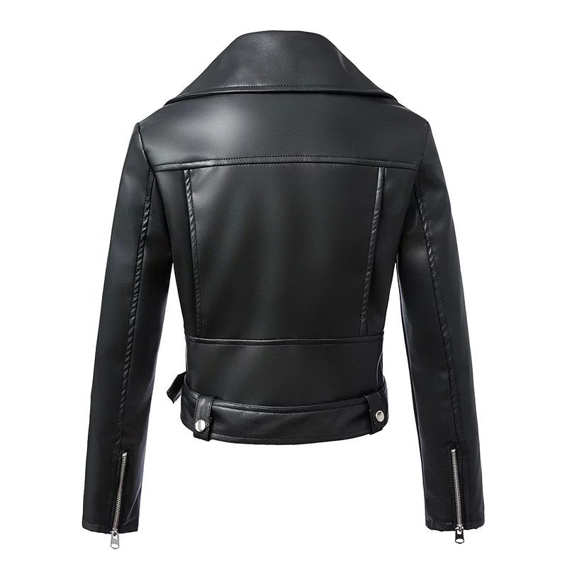 Lizakosht New Women Spring Autumn Black Faux Leather Jackets Zipper Basic Coat Turn-down Collar Motor Biker Jacket With Belt