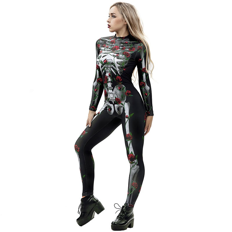 Scary Halloween Skeleton Bone Print Costume Adult Women Horror Carnival Blood Catsuit Jumpsuit X Ray Long Sleeves Bodysuit