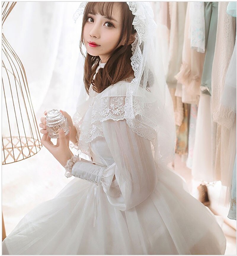 Adult Women Gothic Costume Lace Hollow Bridal Wedding Party Embroidery Dress Lolita Princess Sweet A Line Dress Veil For Ladies