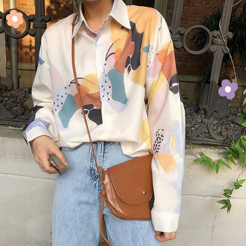 Women Retro Sunflower Print Shirt Oil Painting Print Design Blouse Girl Loose Lapel Tops and Blouses 2021  New