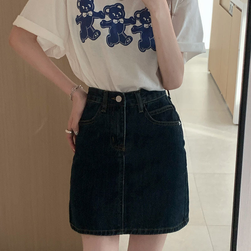 HOUZHOU Vintage Denim Skirt Women High Waisted A-line Mini Skirts Summer Korean Fashion Harajuku Streetwear School Girl Casual