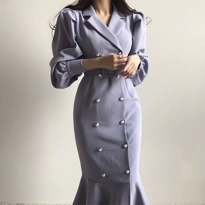 Pinkou Women Chic Mermaid Dress Bow Tie Belt Trumpet Shape Long Sleeve Double Breasted Ins Hot Female Midi Dresses QA35