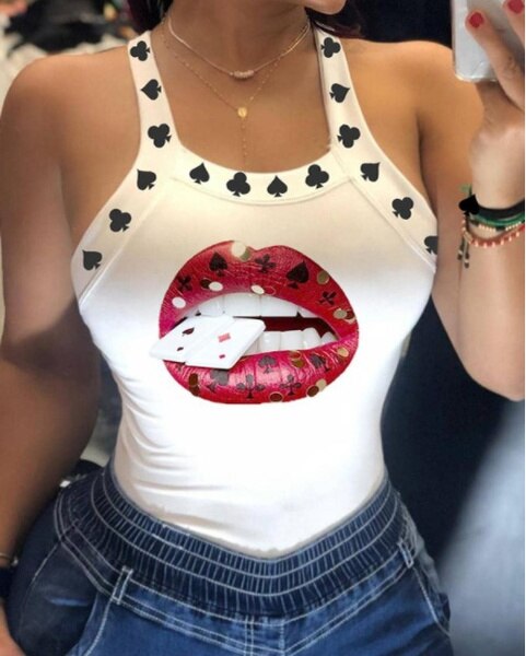 Summer Ladies Harajuku Shirts Slim Fit Polyester Sleeveless Top Tshirts Tank Tops Women U Neck Letter Print Lips Vest