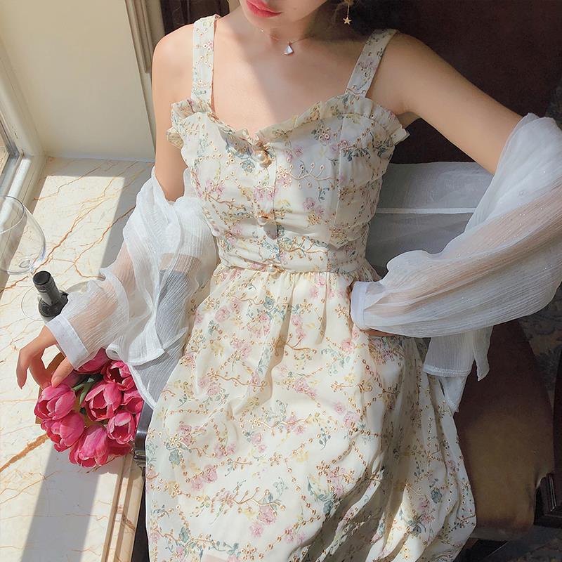 Spaghetti Strap Dress Women French Elegant Vintage Floral Dress Sweet 2022 Summer Fashion Clothing Party One Piece Dress Korean