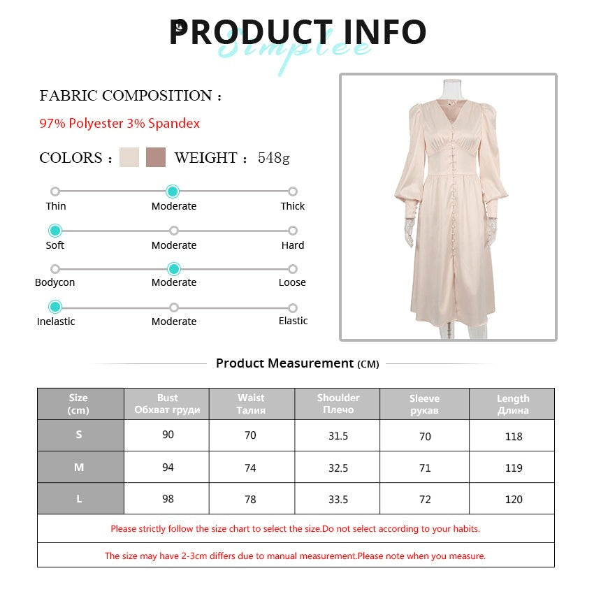 Lizakosht Elegant spring satin bishop sleeve a-line dress women V-neck high waist button dress solid Vintage long dresses chic