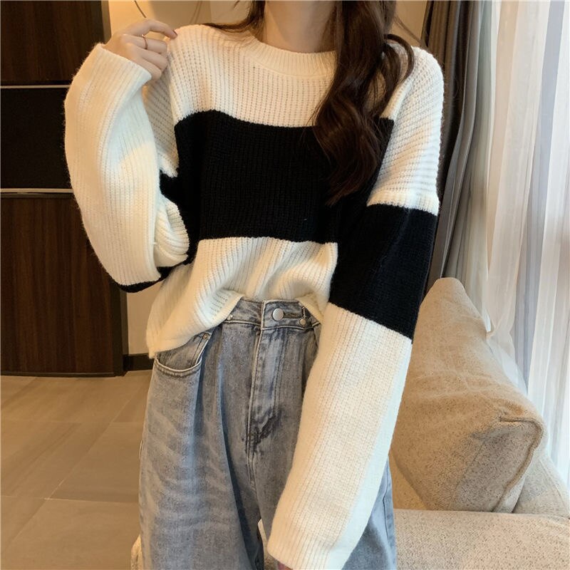 New Style Women Sweaters Pullovers Short Patchwork Jumpers Retro women Sexy Loose Soft All-match Knitted Streetwear Sweet Fit