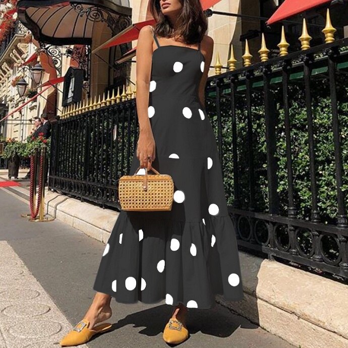 Women Vintage Off Shoulder Sleeveless Boho Long Dress New Polka Dot Print Strap Party Dress Summer Beach Sundress Ruffle Dresses