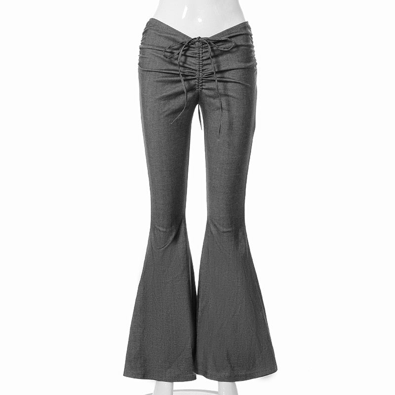 New Y2K Low Waist Flare Pants Women Drawstring Ruched uffed sexy Long Trousers Elastic Casual Streetwear Fashion Bandage Bottom