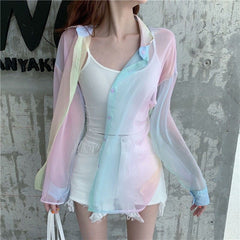 Summer Transparent Blouse Y2k Korean Fashion Beach Shirt Girls Aesthetic Long Sleeve Cardigan Rainbow Womens Sheer Top