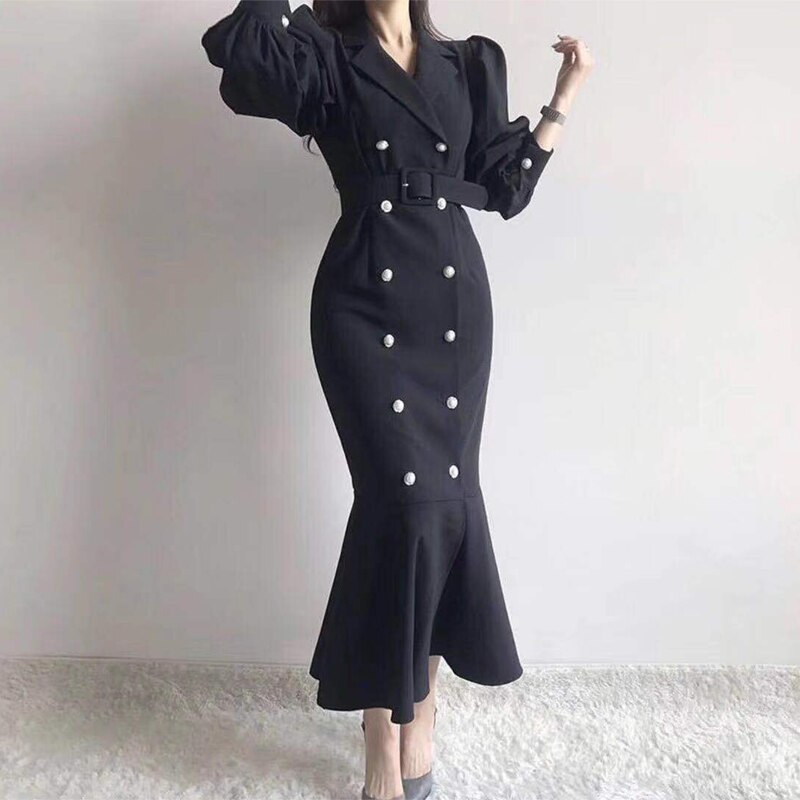 Pinkou Women Chic Mermaid Dress Bow Tie Belt Trumpet Shape Long Sleeve Double Breasted Ins Hot Female Midi Dresses QA35