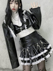 Lizakosht Spring Autumn Hot Girl Y2K Punk Harajuku Leather Skirt Lace A-line Skirt Hot Girl High Waist Gothic Punk Black Mini Skirt