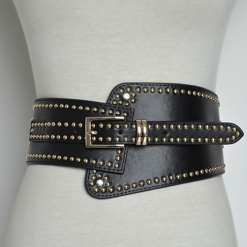 Pu Leather Black Rivet Asymmetrical Elastic Wide Belt Personality Women New Fashion All-match Autumn Winter