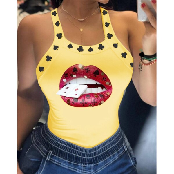 Summer Ladies Harajuku Shirts Slim Fit Polyester Sleeveless Top Tshirts Tank Tops Women U Neck Letter Print Lips Vest