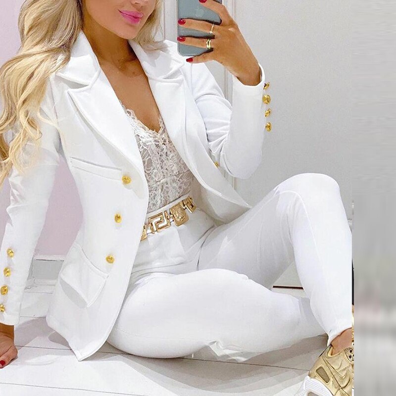 Fashion Women Commute Solid Color Outfits Elegant Chic Single-breasted Jackets And High Waist Long Pants Sets Lady 2PC Sets