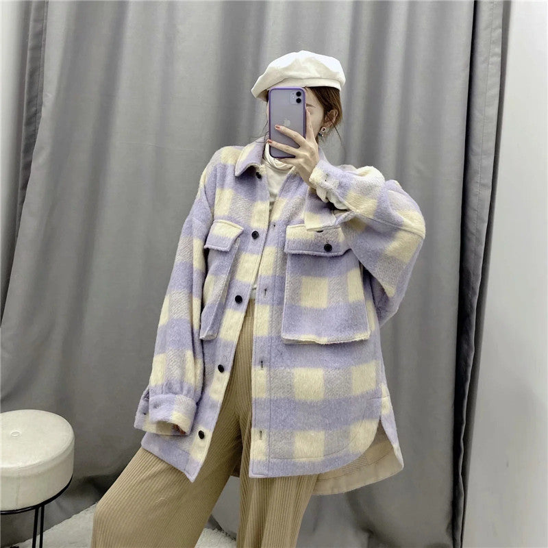 Ladies Vintage Pocket Overshirts Oversized Plaid Jacket Women Coat Long Sleeve Loose Woolen Jacket Female Outerwear Chic Tops