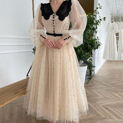 UZN New Arrival Champagne V-Neck Long Puff Sleeves Dot Tulle Prom Dress Elegant A-Line Tea Length Evening Dress Plus Size