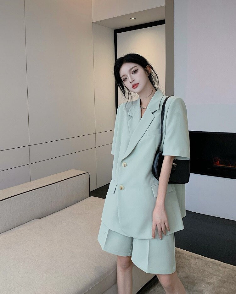 Fashion Office Lady Blazers Short Suit  2 Pieces Casual Women Summer Female Jacket Outfit Set