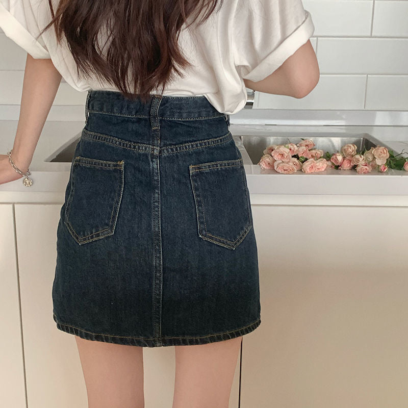 HOUZHOU Vintage Denim Skirt Women High Waisted A-line Mini Skirts Summer Korean Fashion Harajuku Streetwear School Girl Casual