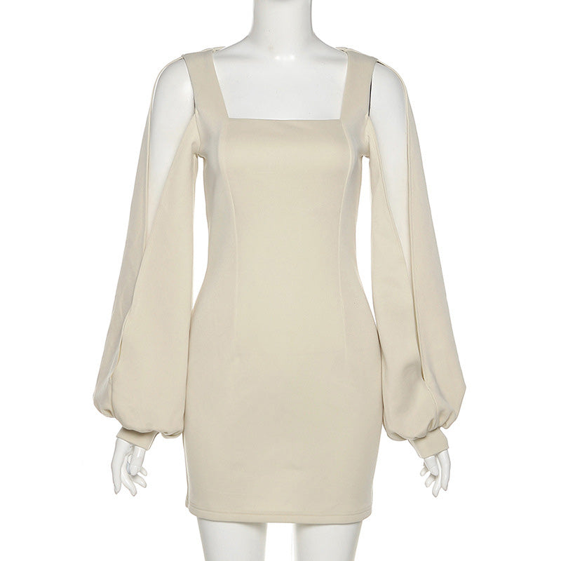 Lizakosht  Elegant Square Collar Lady Party Dresses 2022 Office Fashion Slit Hollow Out Sleeve Slim Mini Dress Lantern Sleeve Women Dress