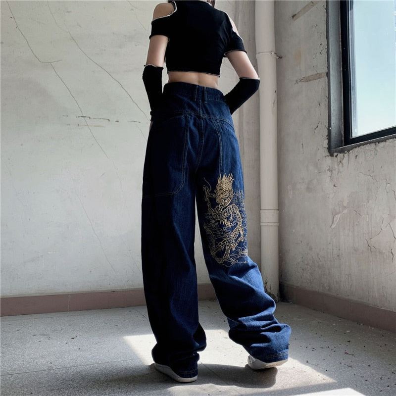 Lizakosht American retro street loose embroidered straight-leg jeans women  new casual all-match high-waist mopping wide-leg trousers